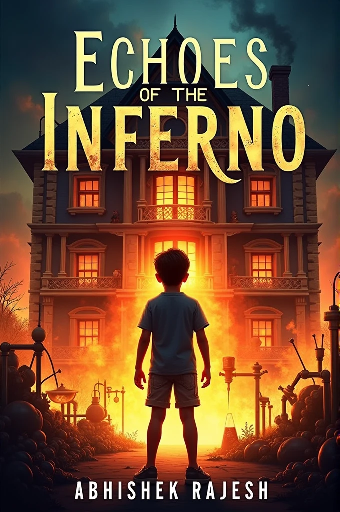 Make a Book cover
Named Echoes of the Inferno: Alfred Quantam Secrets.
A house in fire and boy in front of it and add some scientific elements too
With author name Abhishek Rajesh 