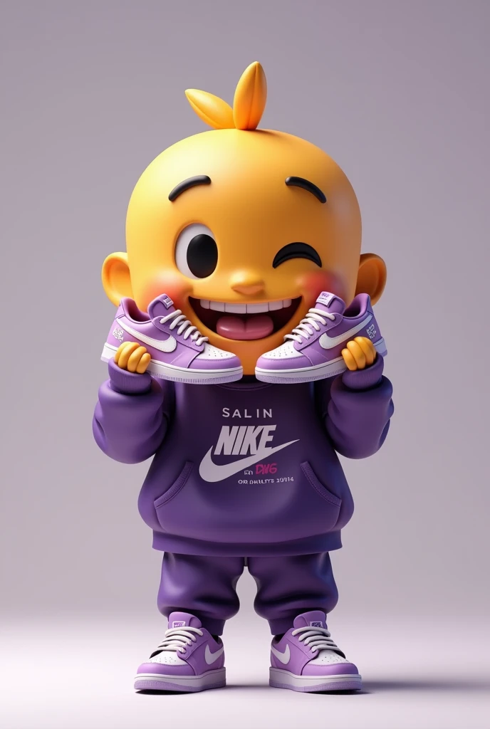  memoji smiling with dark purple sweatshirt with writing on the coat holy clean sneakers and holding Nike sneakers 