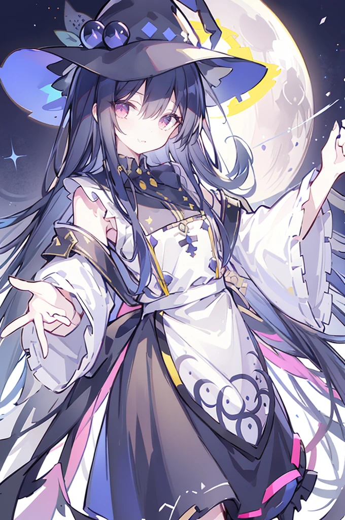 oung Girls,Humanity,A magician always smiles,big witch hat,cute,dark blue long hair,The eyes are dull,The bangs are heavy,Thin eyebrows,fantasy,intake,Double teeth,Star Theme,Constellation pattern,Solid color clothetal decoration,cloak,A bit of a dark atmosphere,A little crazy smile,When the big moon shines outside at night,blood,Hair black star embellishment,Short tie,No nails,High waist skirt,Bell sleeves,Long-sleeved shirt,Black tie,low risk,gentlemen。Mist、Yellow and white effect，Shocking pink as an accent color