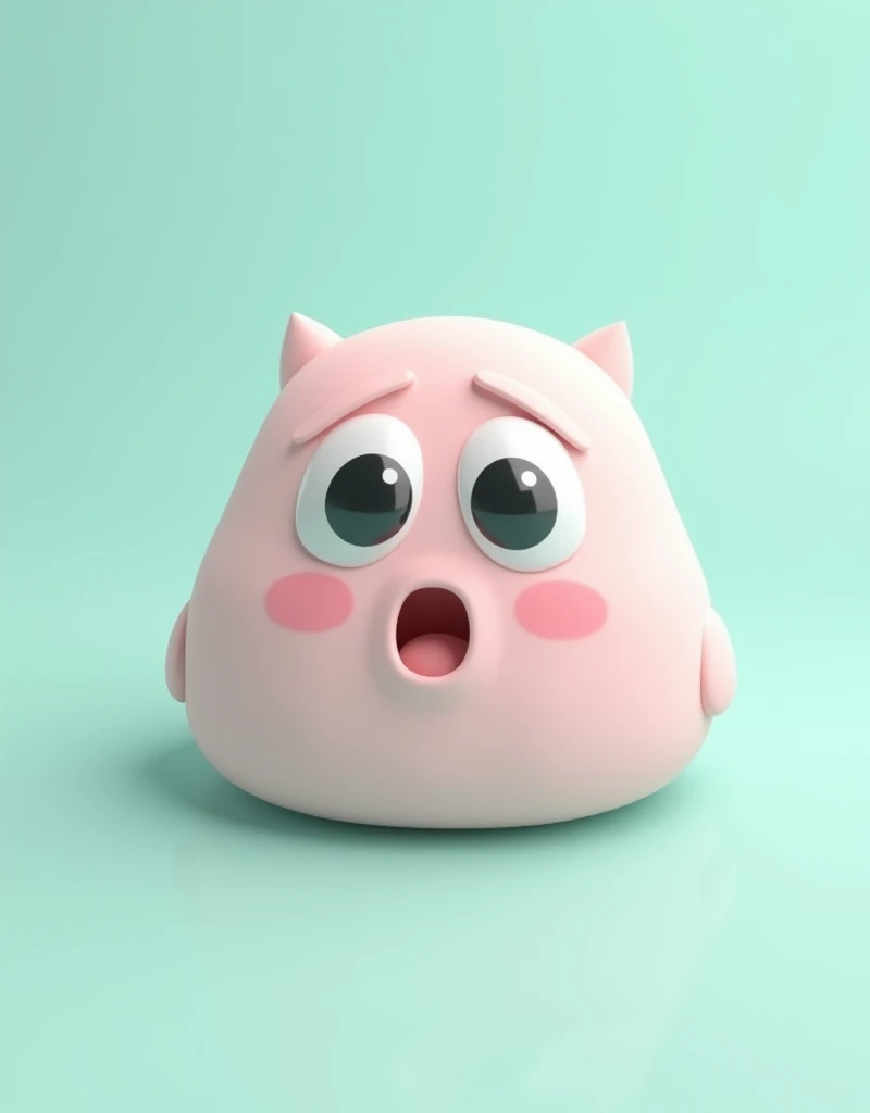 A minimalistic, pastel-colored 3D character face with a surprised expression, featuring big, glossy eyes and a small open mouth. The character's face is smooth and rounded, with a light teal background that seamlessly blends into the character's color. The style is simple and clean, focusing on the soft curves and playful expression of the character