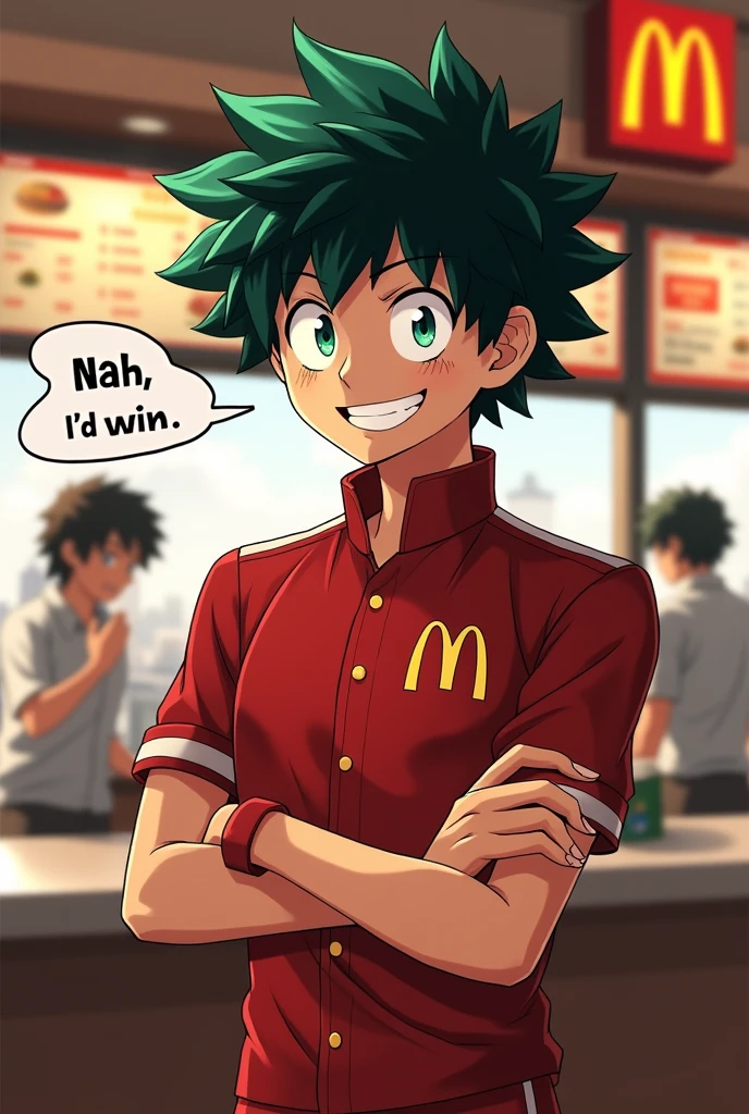 "A scene inside a McDonald's service location. The atmosphere is typical of a chain store., with service counters, order menu and characteristic decoration. Behind the counter, izuku midoriya (grown-up), the character from the anime 'Boku no Hero Academia', is dressed in the McDonald's uniform, smiling and holding an order. He is speaking with a speech bubble that contains the phrase 'Nah, I'd win'. The style of the image is supposed to blend the design of a real fast-food environment with Midoriya's characteristic anime style.."