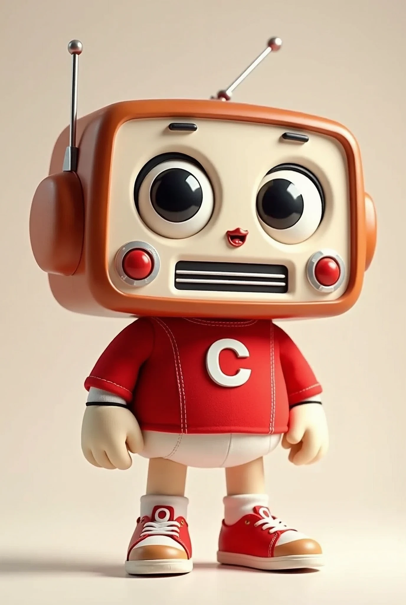 Description of the Mascot: Shape and Size: The mascot is an anthropomorphized radio, about 30 cm tall, rectangular in shape, but with soft, rounded edges for a cuter, friendlier look. O corpo of the mascot é proporcionalmente largo, with short, thick arms and legs, which are flexible and made of soft material. The ends of the legs end in small, round feet, while the hands have three thick, rounded fingers. head/Face: A frente from the radio é onde o rosto of the mascot está localizado. He has large, expressive eyes, black in color, com um brilho especial que dá vida à expressão of the mascot. The eyes are positioned at the top of the "screen" from the radio, with short, thin eyelashes that add a touch of sweetness. O sorriso largo of the mascot é uma fenda levemente curvada na parte inferior da face, that shines with a slightly metallic tone, suggesting speakers hidden behind a thin grille. Above the eyes, there are two small round buttons that serve as "ears" of the mascot, and they can move slightly, giving the impression that he reacts to sound or music. These buttons may have volume or tuning details., but stylized in a cute way. cos/vestimentas: O corpo of the mascot é o próprio rádio, with a vibrant red shirt worn over it. The shirt is made of a soft and comfortable material, like cotton, que se ajusta perfeitamente ao corpo from the radio, but with enough space to give it a cute look. No centro da camisa, is stamped WITH THE LETTER C in white letters, large and rounded. The font is modern and friendly, easy to read and attention grabbing. As mangas da camisa são curtas e deixam parte dos braços of the mascot visíveis. The seams of the shirt are highlighted in white, and there is a small detail of buttons on the front. The mascot has small feet covered in white socks and wears red sneakers., that match the shirt. The sneakers have white laces and subtle black details., c