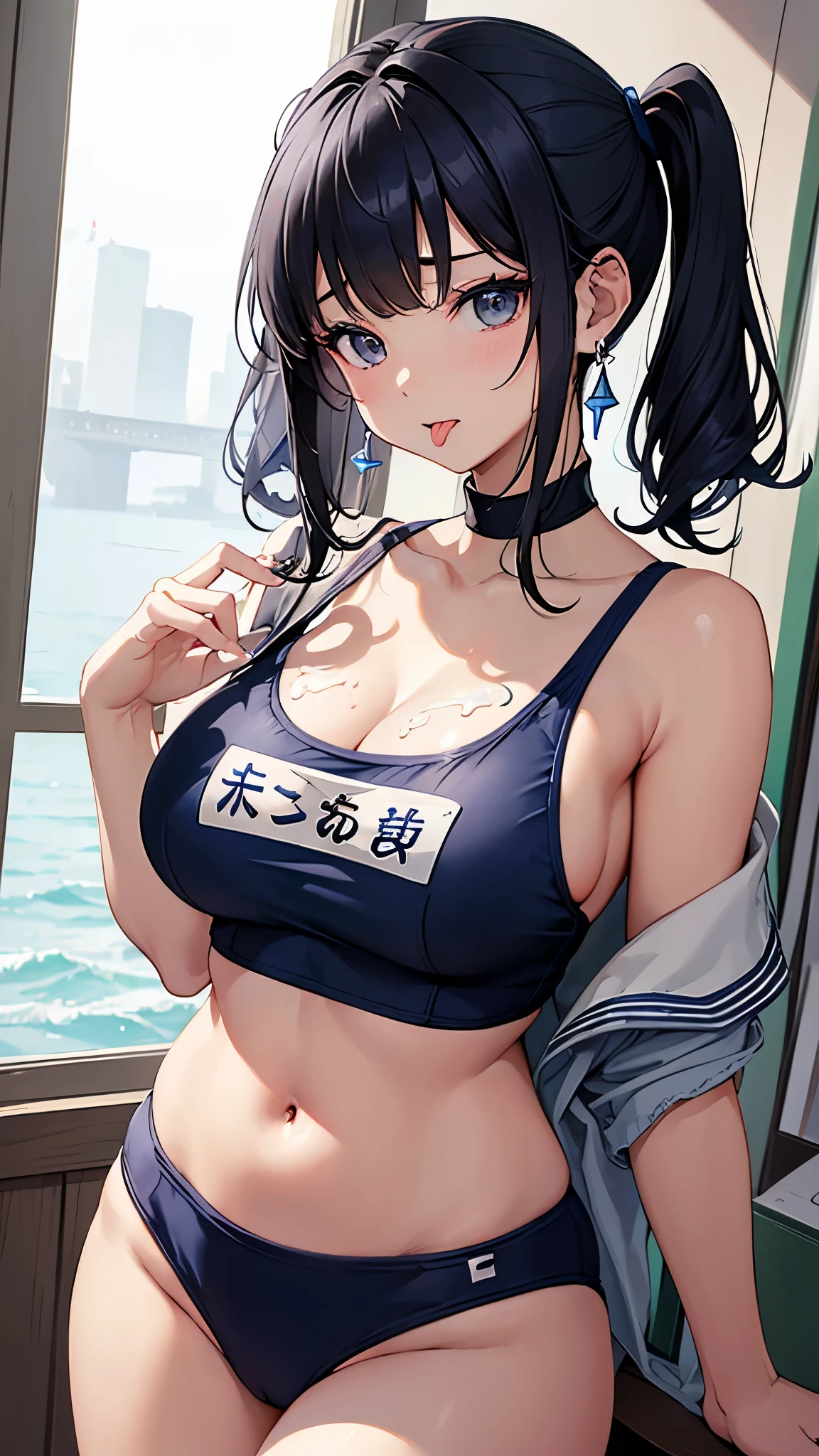 (masterpiece、Highest quality、Very detailed))、One Girl、Black Hair、short hair、Twin tails、Blunt bangs、Wavy Hair、Grey Eyes、((Open your mouth))、((Cum on tongue))、((Lots of earrings))、((Very large breasts))、((navy blue school swimsuit, side White line))、Cleavage、Off the shoulder、((Thick waist))、Thighs、Kneel、On the bed、Bedroom Background、Sideboob、はみ出したおっぱい