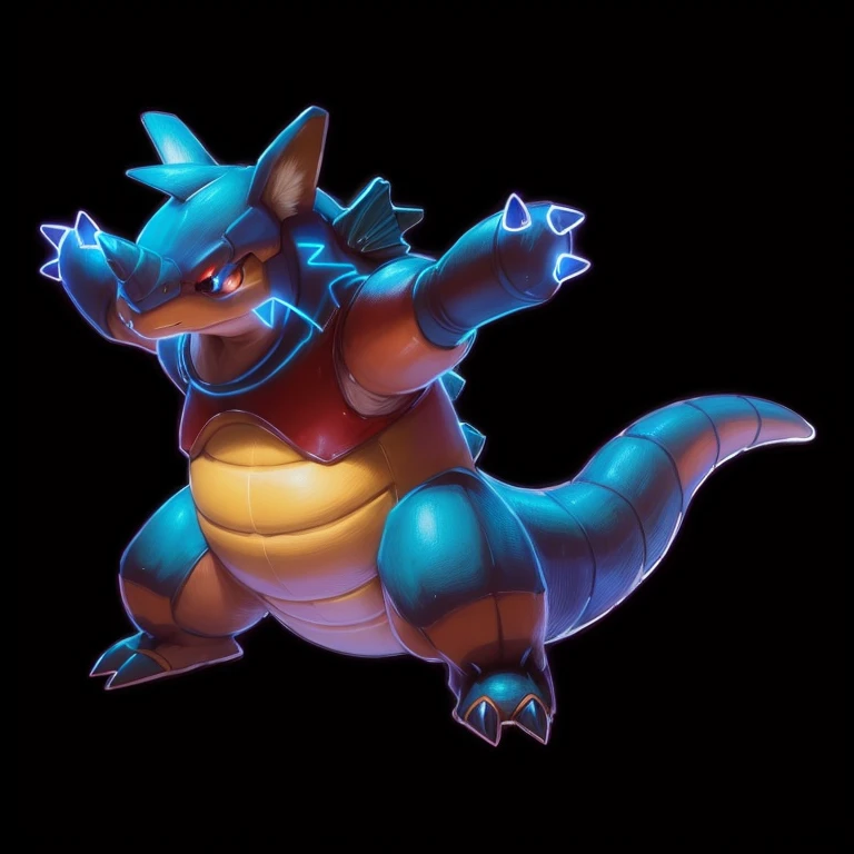 a close up of a pokemon character with a very large tail, guggimon, alphonse, rino, illustration pokemon, similar to pokemon, by Ken Sugimori, official art, weird pokemon, blastoise, new pokemon, mangy, alphonse fly, inspired by Pinchus Kremegne, ashy, style of pokemon, nighttime!!, dire