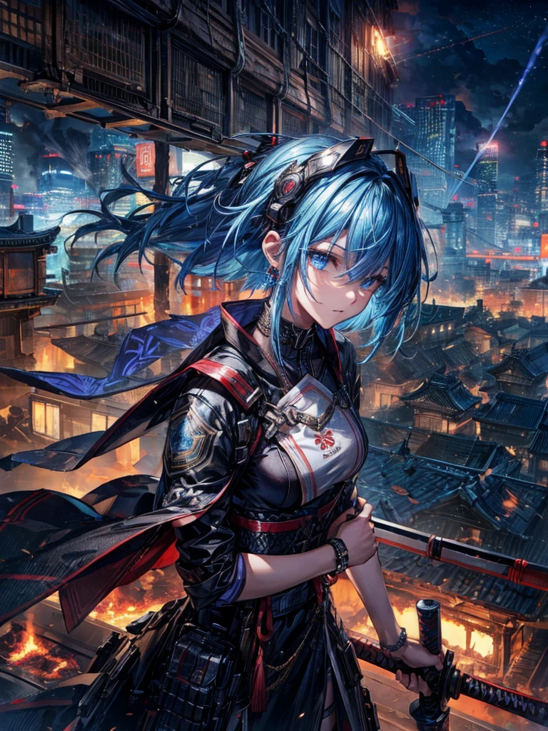 absurdists, RAW Photos, Very delicate and beautiful, masterpiece, Highest quality, Ultra-high resolution, 32K, surreal, Very detailed, cyberpunk world、20-year-old, Delicate facial features,, Earrings, Medium chest, Full Body Shot, Shorten the middle part of the hair, Beautiful Blue Hair, , short Hairstyles、Cyber Tech Suit with realistic texture、The fabric is thin,City background.(night、Rooftop of a burning building:1.5)
Hair in front of eyes, Blue Hair/Light blue hair, Hair that falls over the shoulders, (Carrying a weapon、have a weapons:1.2)(Razor Blade)(Cleavage)(Cybertechware)(headgear)(Cyber Japanese Sword)(rosary necklace)(C cup breasts)(High detailed Japanese Sword)
