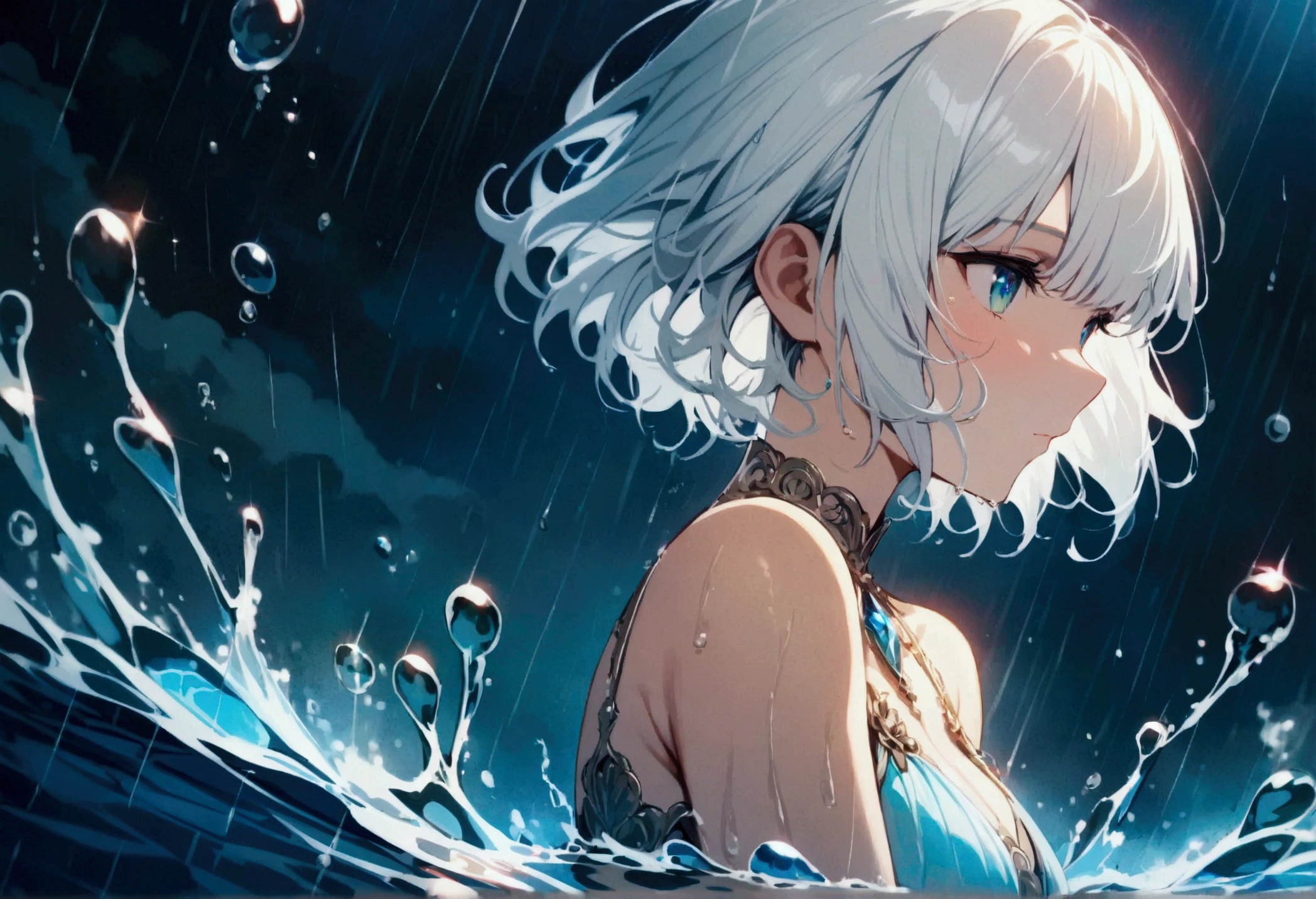 short hair,Beautiful sky, rain,(Crystal clear rain sparkles in the sky,Water Drop), masterpiece,High resolution, White Hair