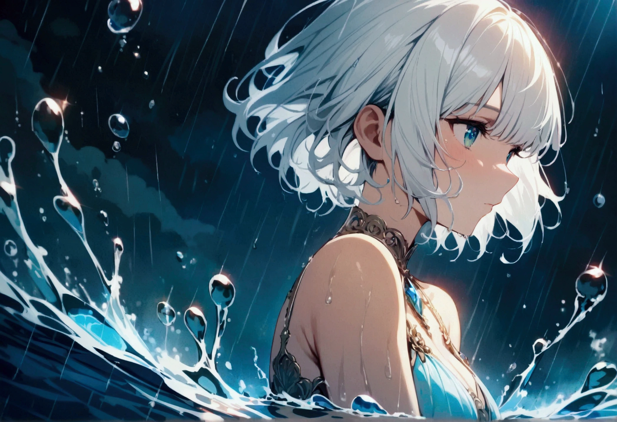short hair,Beautiful sky, rain,(Crystal clear rain sparkles in the sky,Water Drop), masterpiece,High resolution, White Hair