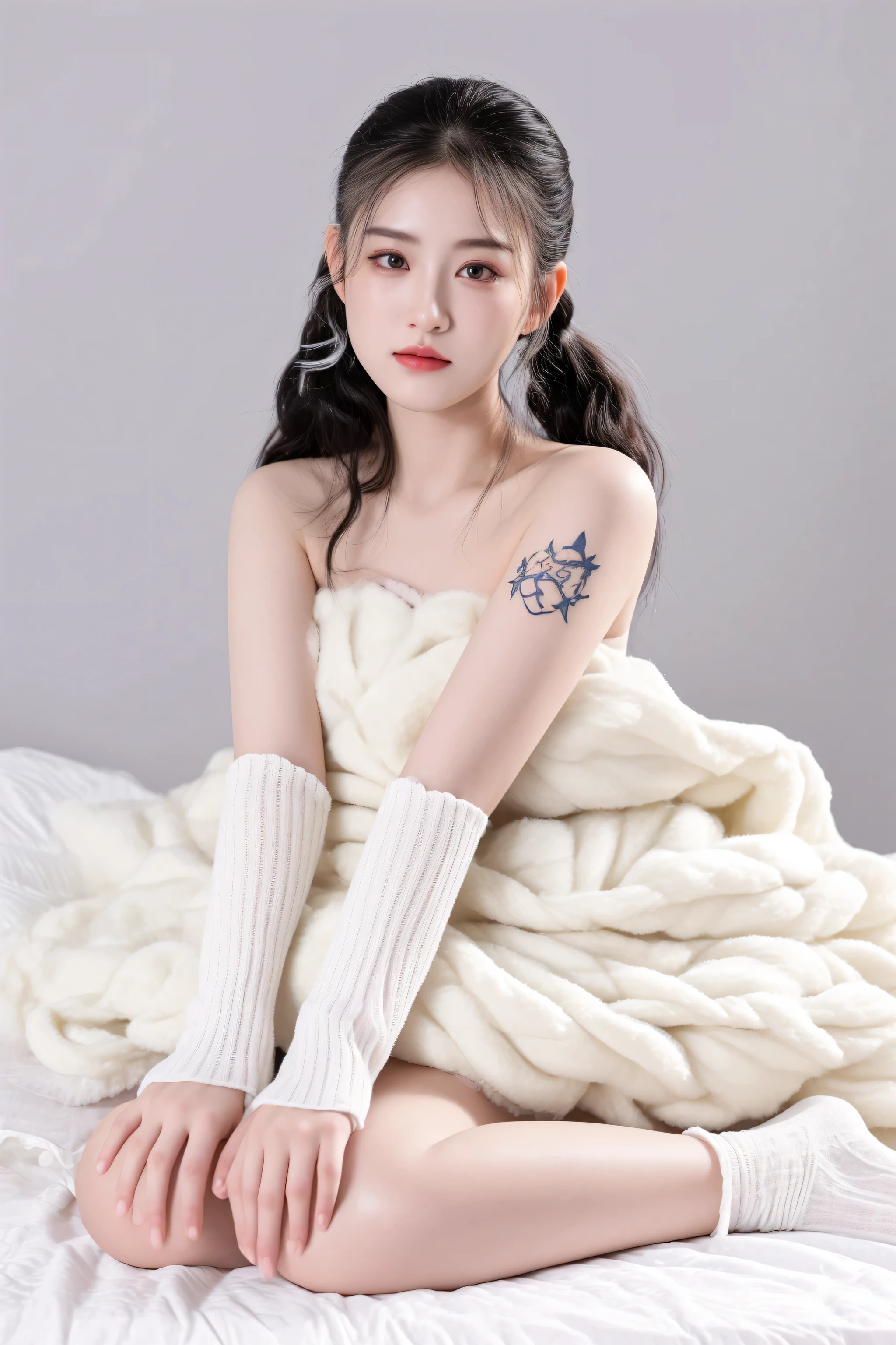 arafed woman sitting on a bed covered in a blanket, twintails white_gloves, of taiwanese girl with tattoos, full body xianxia, gorgeous chinese model, milky white skin, pretty face with arms and legs, cozy studio photography, holding a pudica pose, pale snow white skin, inspired by Tang Yifen, pale milky white porcelain skin