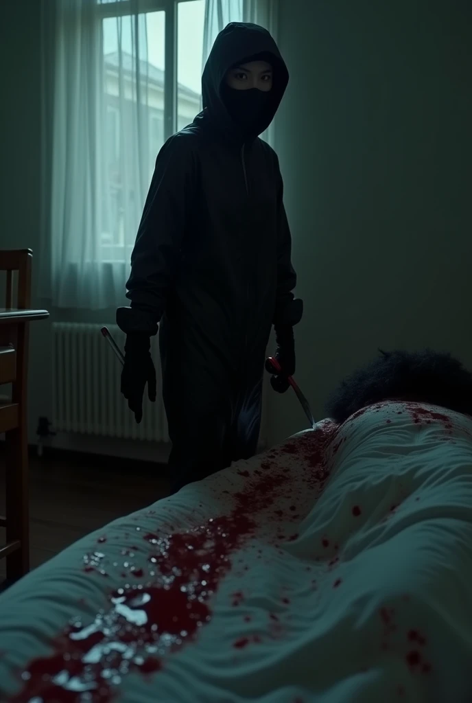 korean girl, (behind corpse, balaclava girl), holding knife, stabbing, black gloves, room full of blood, black raincoat, plump girl, glamorous girl, hood up, holding knife, black gloves, behind corpse, looking at viewer, blood splatter, 20 years old, bed room, black wet suit, night, mass murderer, killer, robbery, dark atmosphere, cinematic lighting, atmospheric realistic, light from the window close-up,
