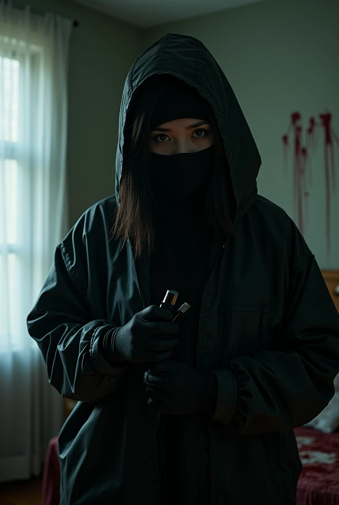 korean girl, (behind corpse, balaclava girl), holding knife, stabbing, black gloves, room full of blood, black raincoat, plump girl, glamorous girl, hood up, holding knife, black gloves, behind corpse, looking at viewer, blood splatter, 20 years old, bed room, black wet suit, night, mass murderer, killer, robbery, dark atmosphere, cinematic lighting, atmospheric realistic, light from the window close-up,
