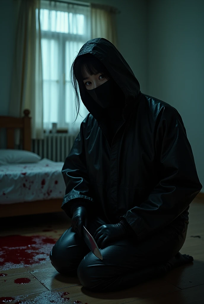 korean girl, (behind corpse, balaclava girl), holding knife, stabbing, black gloves, room full of blood, black raincoat, plump girl, glamorous girl, hood up, holding knife, black gloves, behind corpse, looking at viewer, blood splatter, 20 years old, bed room, black wet suit, night, mass murderer, killer, robbery, dark atmosphere, cinematic lighting, atmospheric realistic, light from the window close-up,