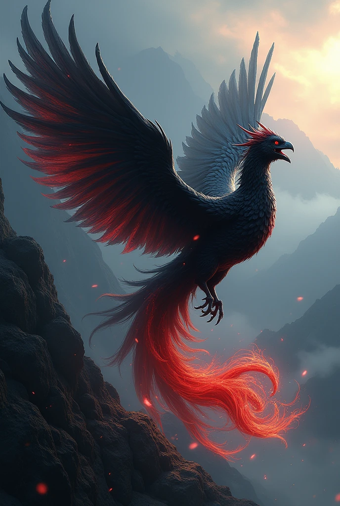 a black and red shadow phoenix, mythical phoenix with flowing shadowy wings and tail, flying over a mountainous landscape, leaving a trail of dark ash and flowing shadows, dramatic lighting, highly detailed, 8k, photorealistic, intricate feathers, intense colors, moody atmosphere, cinematic, concept art style