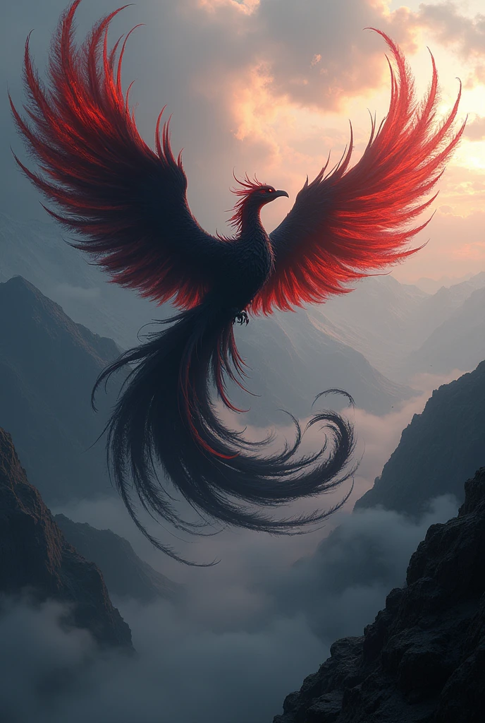 a black and red shadow phoenix, mythical phoenix with flowing shadowy wings and tail, flying over a mountainous landscape, leaving a trail of dark ash and flowing shadows, dramatic lighting, highly detailed, 8k, photorealistic, intricate feathers, intense colors, moody atmosphere, cinematic, concept art style