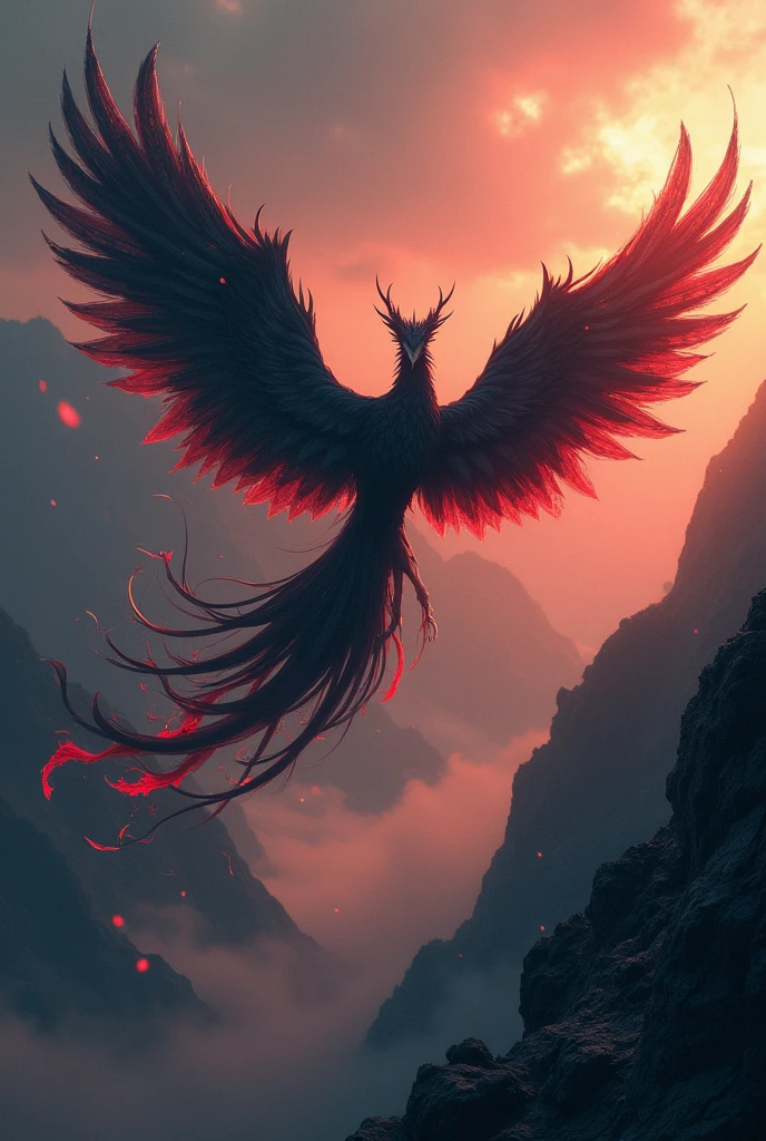 a black and red shadow phoenix, mythical phoenix with flowing shadowy wings and tail, flying over a mountainous landscape, leaving a trail of dark ash and flowing shadows, dramatic lighting, highly detailed, 8k, photorealistic, intricate feathers, intense colors, moody atmosphere, cinematic, concept art style