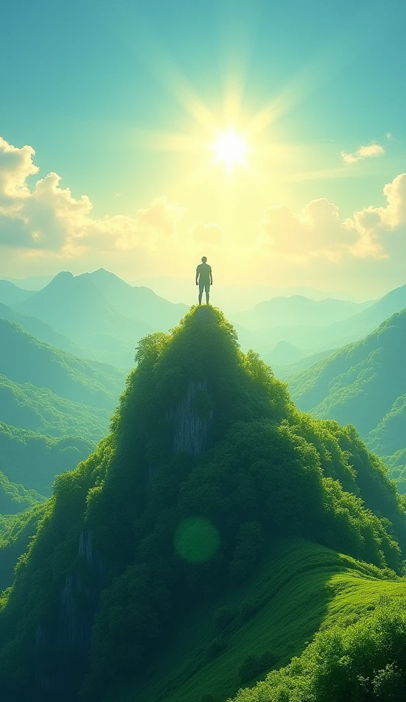A lone figure standing confidently on a lush, green mountain peak under a bright blue sky with soft clouds. The landscape is vibrant with shades of green from the surrounding forests and hills, symbolizing growth, renewal, and harmony with nature. The sun shines warmly, casting a gentle light that enhances the vividness of the scene, representing hope, positivity, and the serene beauty of the natural world