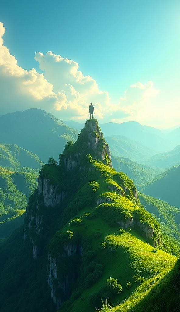 A lone figure standing confidently on a lush, green mountain peak under a bright blue sky with soft clouds. The landscape is vibrant with shades of green from the surrounding forests and hills, symbolizing growth, renewal, and harmony with nature. The sun shines warmly, casting a gentle light that enhances the vividness of the scene, representing hope, positivity, and the serene beauty of the natural world