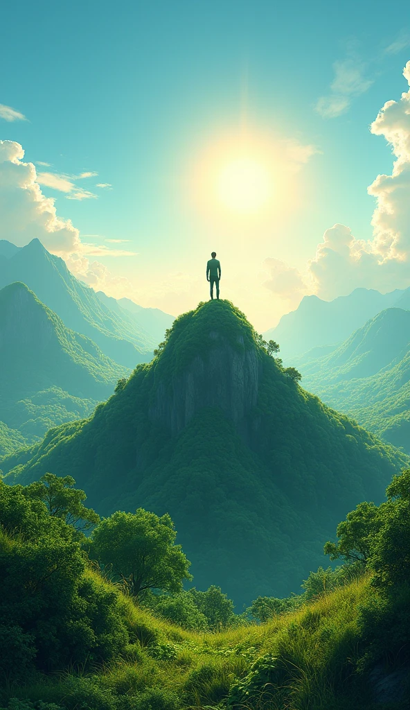 A lone figure standing confidently on a lush, green mountain peak under a bright blue sky with soft clouds. The landscape is vibrant with shades of green from the surrounding forests and hills, symbolizing growth, renewal, and harmony with nature. The sun shines warmly, casting a gentle light that enhances the vividness of the scene, representing hope, positivity, and the serene beauty of the natural world