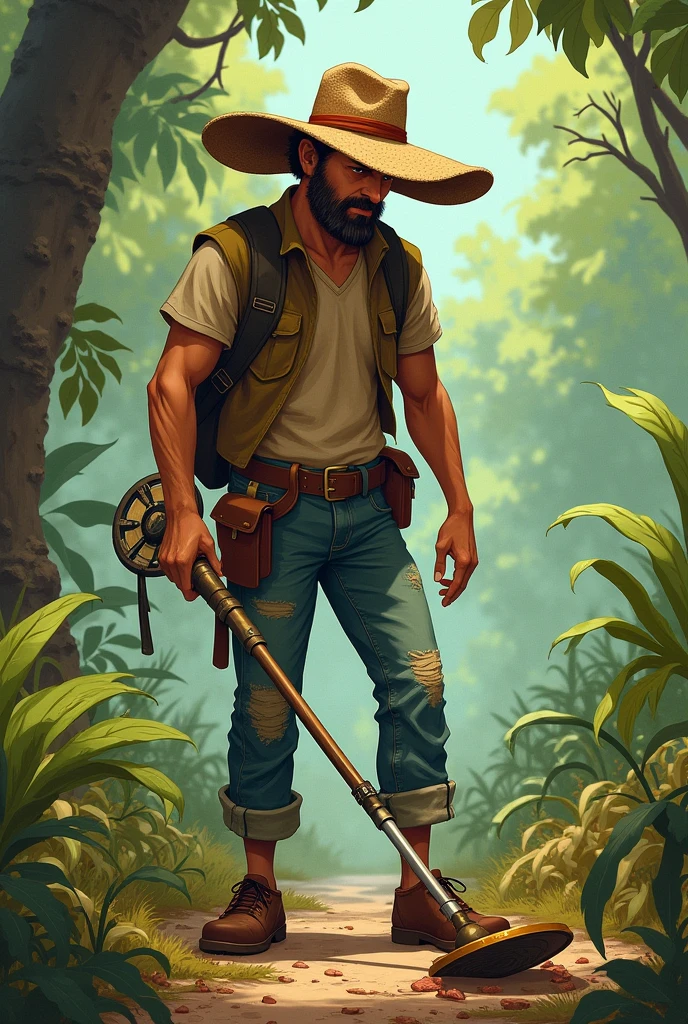 Mr. Madruga from the series Chaves del 8, detecting metals with the Nokta Legend metal detector. Mr. Madruga is wearing his signature hat, classic jeans and your worn out t-shirt , come and always