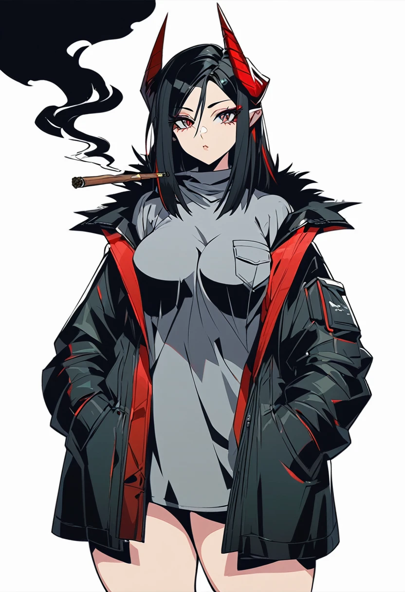 Ines(Arknights),black hair,caprinae horn(red),curvy body, medium breast,big thighs,wears oversized black jacket,grey shirt,no pants,arms in pocket,smoking cigars,midnight setting,sans art style, nsfw.