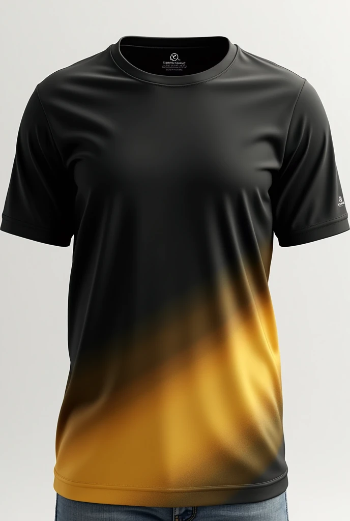 Create an image of a front-facing t-shirt for interclasses with a gradient between gold and black where the black is at the top and the gold at the bottom