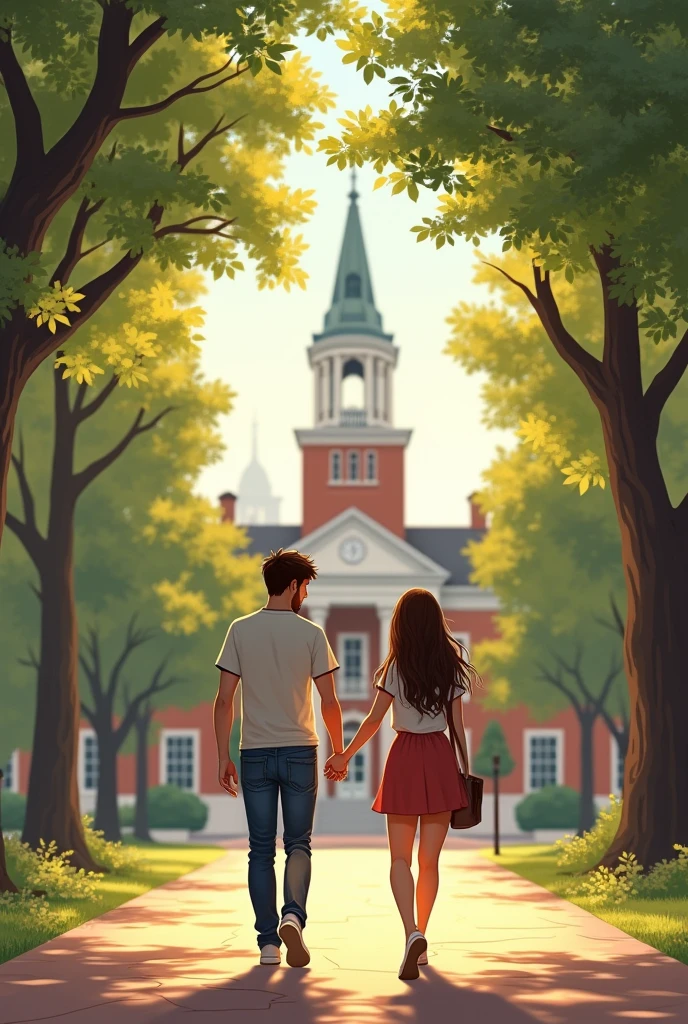 4. **College Moments:** The boy and girl walking hand in hand across a college campus, surrounded by trees and academic buildings.