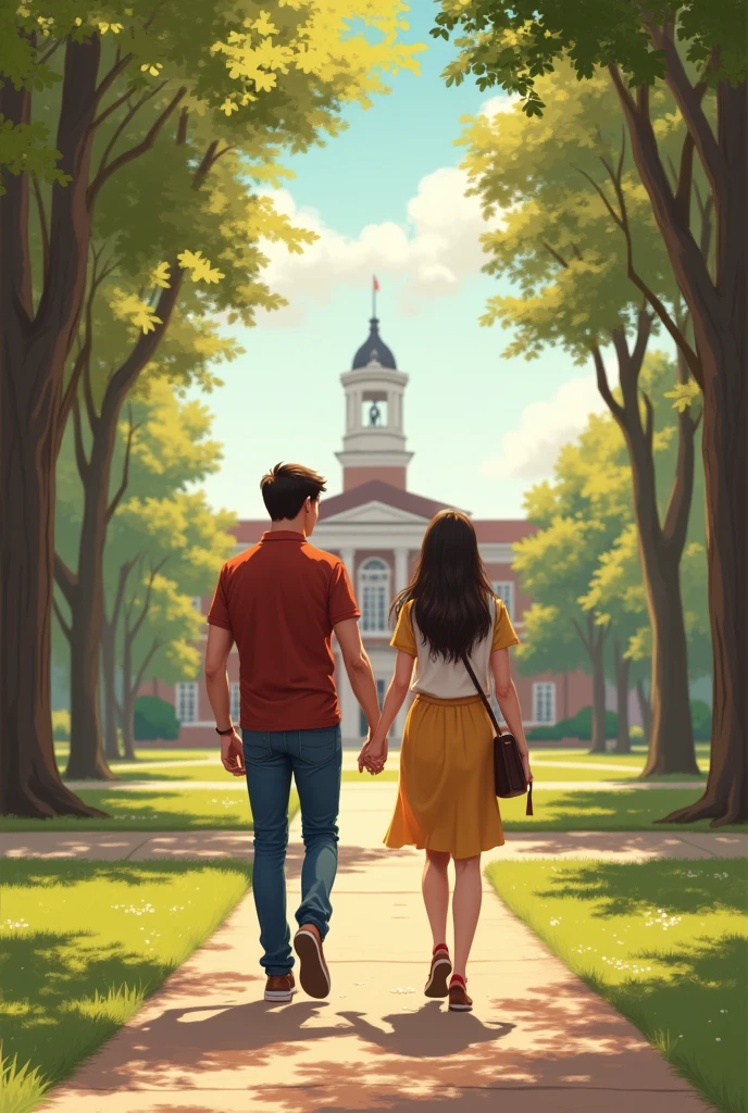 4. **College Moments:** The boy and girl walking hand in hand across a college campus, surrounded by trees and academic buildings.