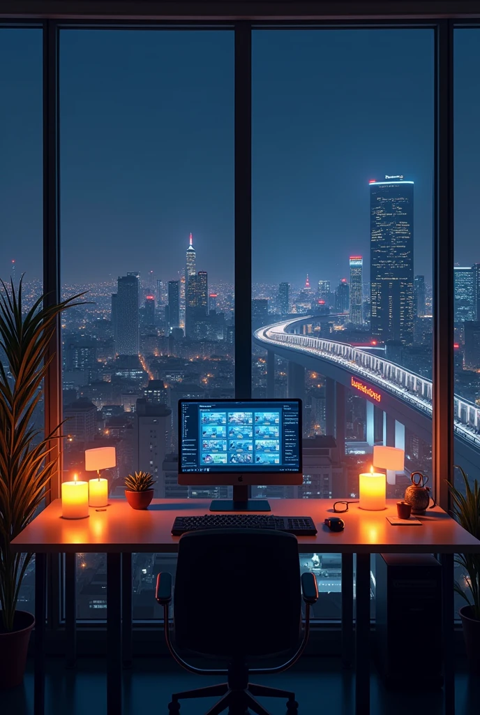 Create a realistic office scene at night with large windows showing a cityscape. In the distance, add a monorail with a passing train. The city lights outside should include some flickering lights in the buildings for added realism. Inside the room, place a modern desk facing the windows with two computer monitors (showing the back of the monitors to the camera). Include a keyboard and mouse on the desk. Enhance the warmth of the room by making the candles on the coffee table lit, casting a soft, warm glow. The overall atmosphere should feel cozy, yet modern, with a mix of live elements and technology.