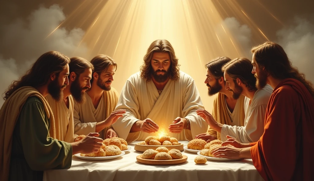 Jesus breaking bread with disciples in Heaven's banquet