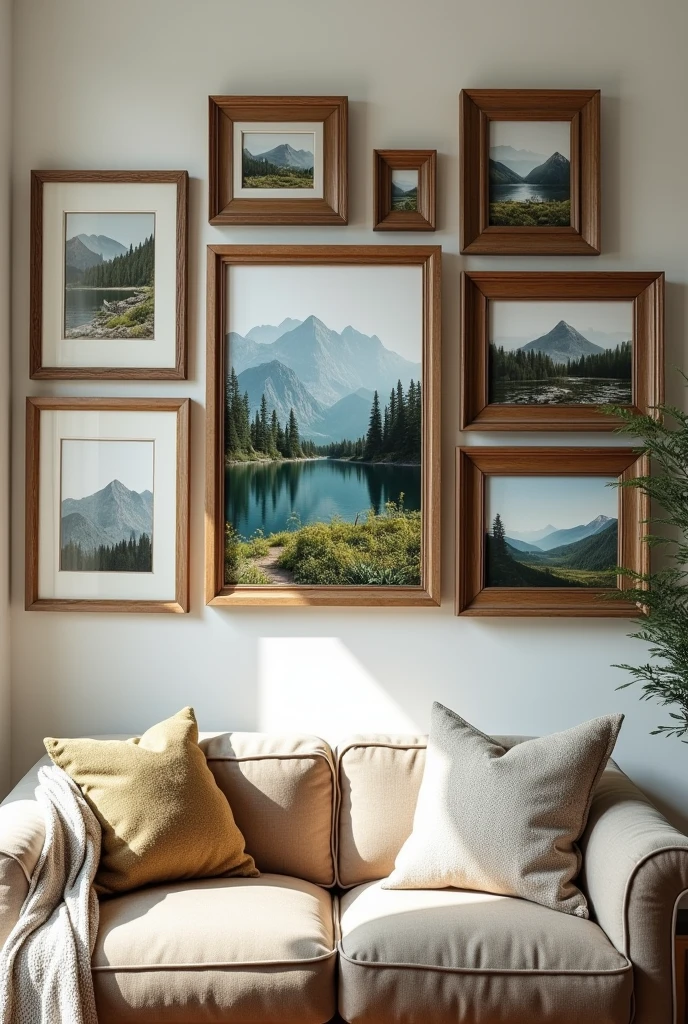 8 to 10 photo frames are installed on the wall of a room, each photo frame will be of different types and the picture in the middle of the frames will be of nature.