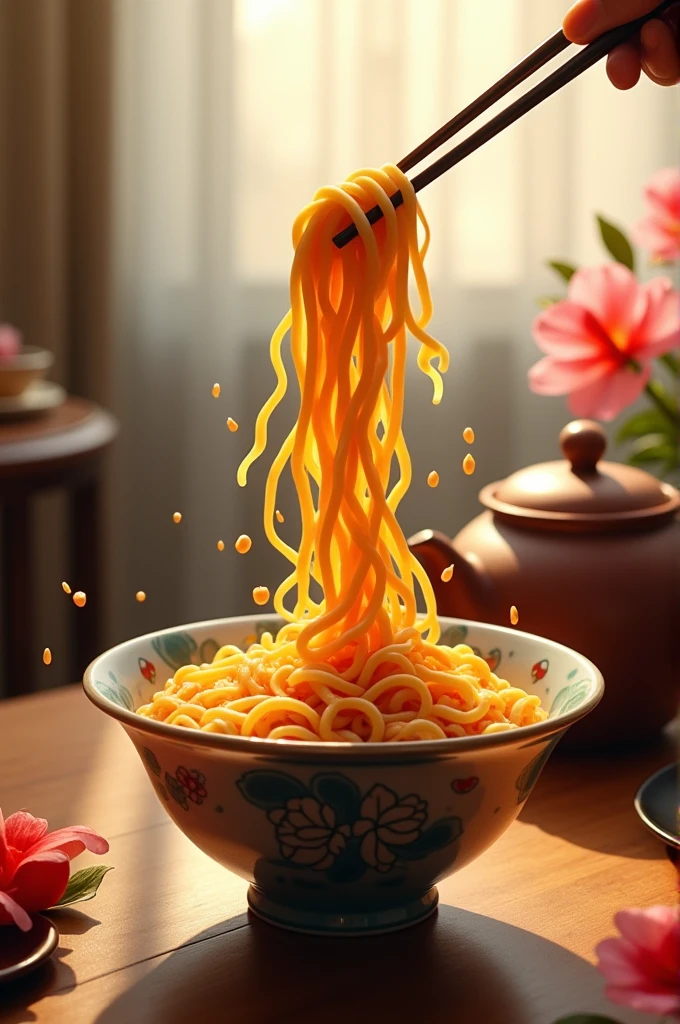 A bowl of noodles artfully lifted by chopsticks, the noodles forming a figure-like shape. The scene is set on a table with a teapot and flowers in the background, with warm, soft lighting filtering through sheer curtains, creating a cozy and inviting atmosphere. The focus is on the noodles, which appear to be almost dancing, with a realistic, detailed, and slightly surreal style."