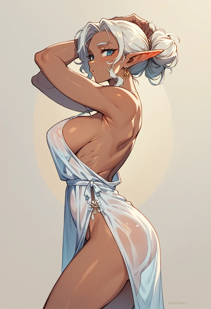 The most beautiful young blond dark elf wears a luxurious white nightie showing her round sideboob. nsfw