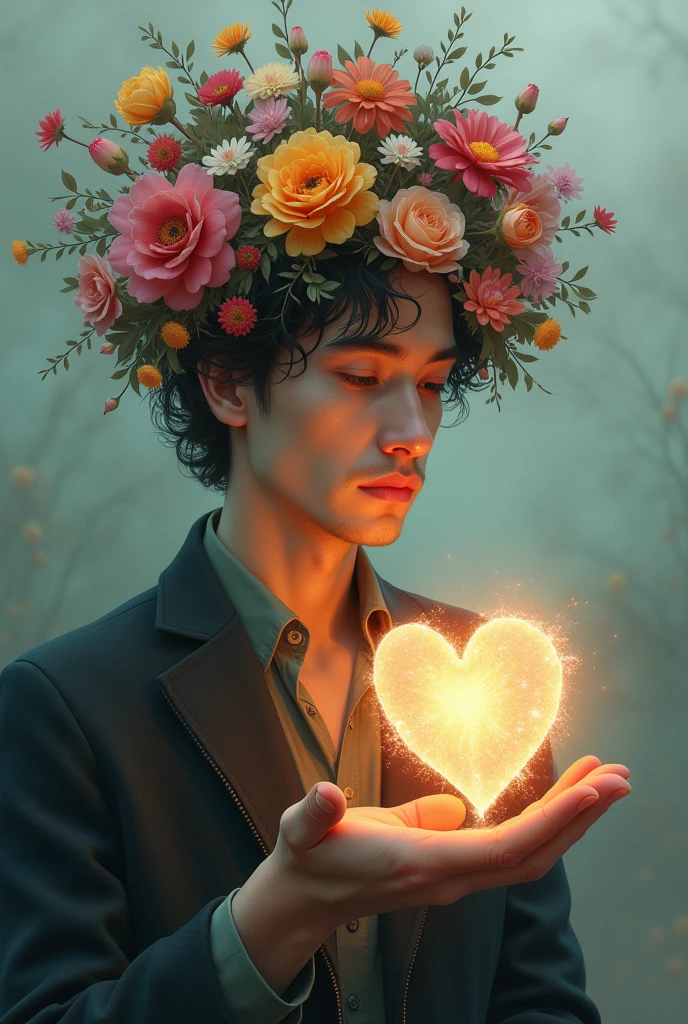 Image of  man with flowers for head and holding a love on his hand