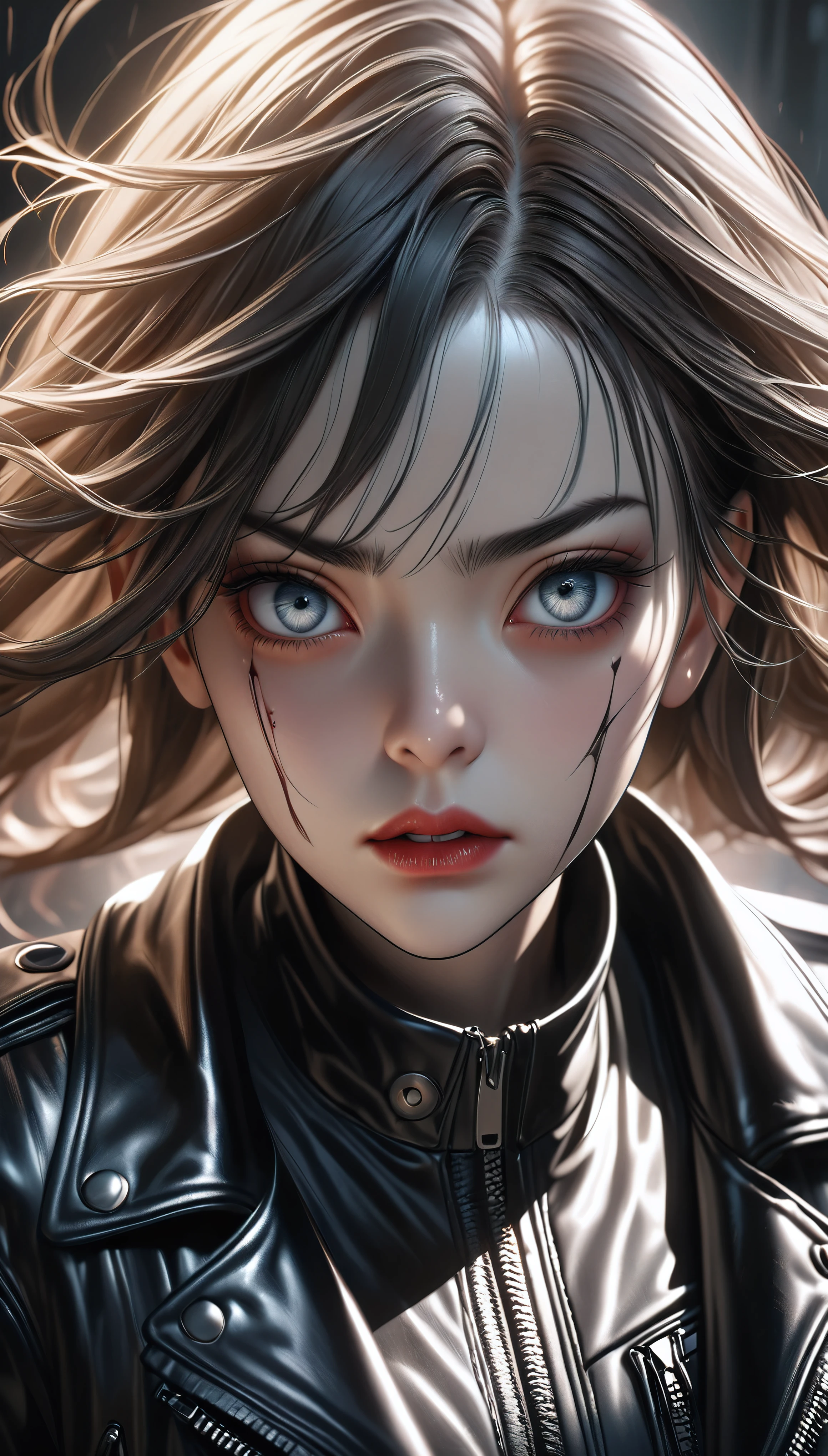 a dramatic and sinister looking girl wearing a black leather jacket, intense and unnerving gaze, highly detailed facial features, beautiful but unsettling expression, cinematic lighting, surreal and unnatural aesthetic, photorealistic, 8k, high quality, masterpiece