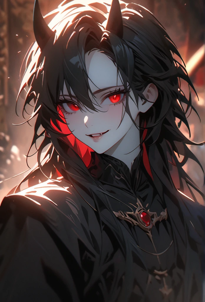 (standing alone), masculine, Bblack hair, Messy hair, naughty mane hair, long hair, Dense hair, wild hair, expressive hair, mellow,(age 25), pale skin, Eyes red, ((naughty man)), wearing a black robe, black demon horns,, Smiling and showing his fangs, bonitas, appealing, eye reflection, Depth of field, Thunder Aura,cinematic lighting, ray tracing, Depth of field, cinematic lighting, ray tracing, ultra HD, High details, best qualityer, high resolution, high qualiy, awardwinning, super detaill, work of art, 8k, ultra HD, High details, best qualityer, high resolution, high qualiy, awardwinning, super detaill, work of art, 8k, digitl art, anime coloring, whole body, shot on the body, good face, face perfect, face detailed, good eyes, sitting in a throne