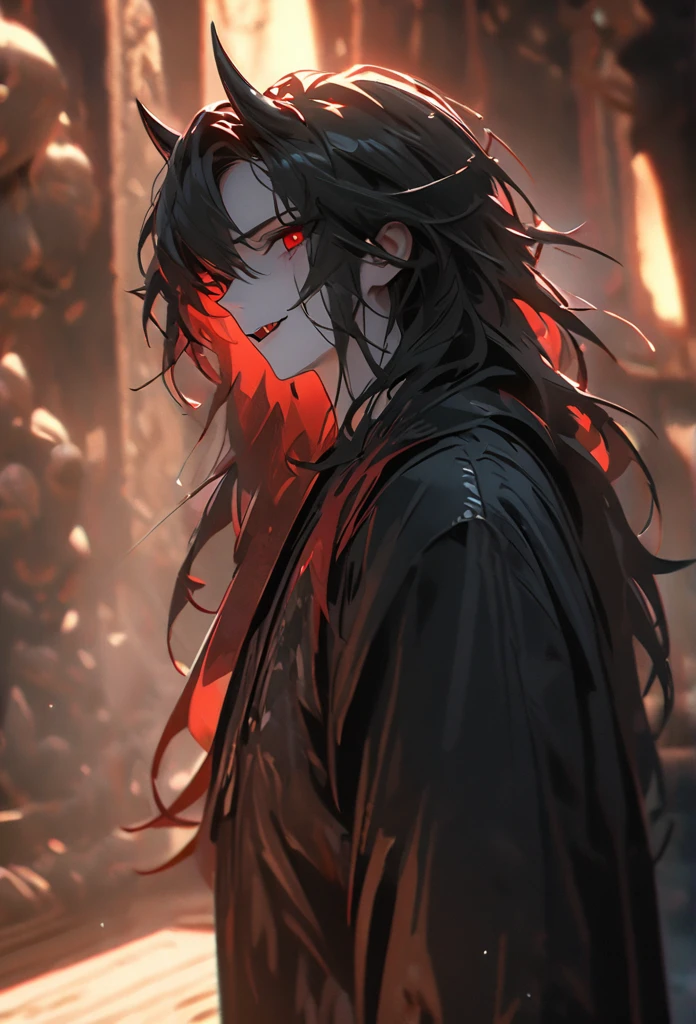 (standing alone), masculine, Bblack hair, Messy hair, naughty mane hair, long hair, Dense hair, wild hair, expressive hair, mellow,(age 25), pale skin, Eyes red, ((naughty man)), wearing a black robe, black demon horns,, Smiling and showing his fangs, bonitas, appealing, eye reflection, Depth of field, Thunder Aura,cinematic lighting, ray tracing, Depth of field, cinematic lighting, ray tracing, ultra HD, High details, best qualityer, high resolution, high qualiy, awardwinning, super detaill, work of art, 8k, ultra HD, High details, best qualityer, high resolution, high qualiy, awardwinning, super detaill, work of art, 8k, digitl art, anime coloring, whole body, shot on the body, good face, face perfect, face detailed, good eyes, sitting in a throne