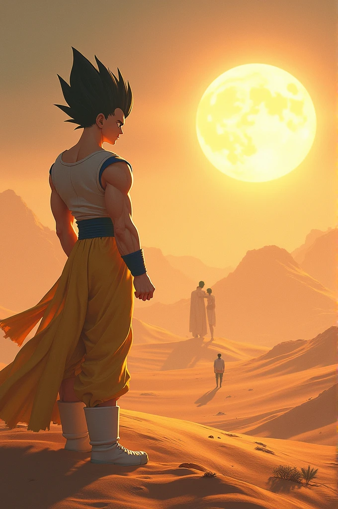 image of a mirage in a desert, where the figure of a couple fades into the distance and Vegeta from Dragon Ball watches them