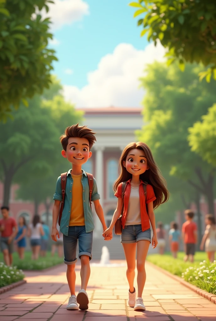 In cinematic 3d cartoon style'4. **College Moments:** The boy and girl walking hand in hand across a college campus, surrounded by trees and academic buildings.