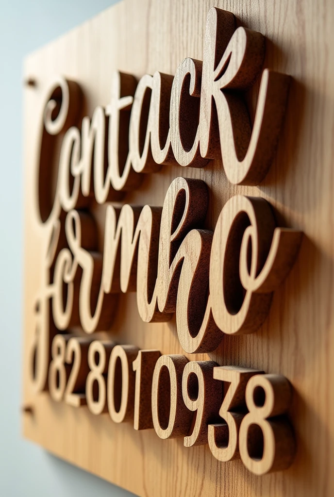 An eye-catching advertisement featuring a wooden sign with the words "Contact us for more info" prominently displayed. The words are cut out in 3D, bold, and cursive typography, giving the illusion that a laser is actively cutting through the wood tThe number "082 801 0938" bold at the bottom of the page