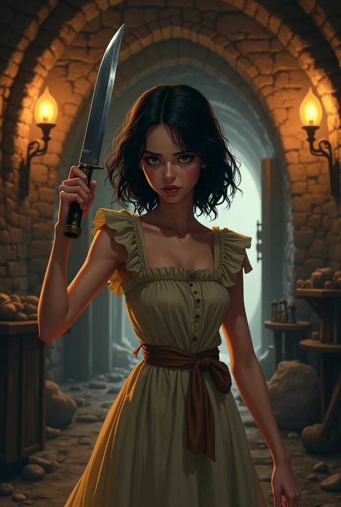 Snow White entering the mine with a knife to kill the seven dwarves