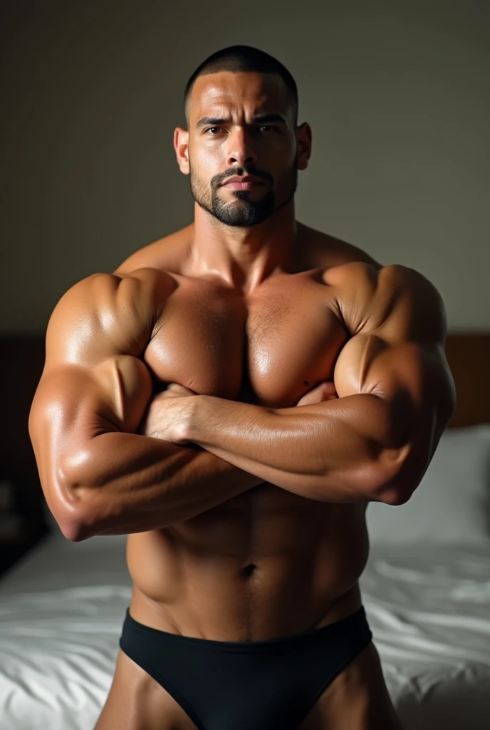 ((black man))), muscle, Latino 30yo man, big pecs, big biceps, just his face, buzz cut, bedroom, Crossed arms, shirtless, big lump, swimsuit, Very wide shoulders