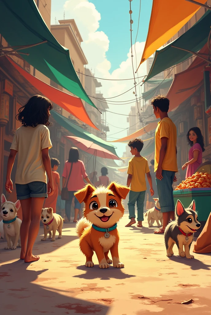 Create an illustration of a small street dog named Bablu, playing in a bustling alley filled with people, children, and street vendors. Show Bablu as a lovable and curious puppy exploring his surroundings, making friends with other street dogs, and receiving affection from passersby. Include elements like busy street scenes, food stalls, and a sense of community interaction."