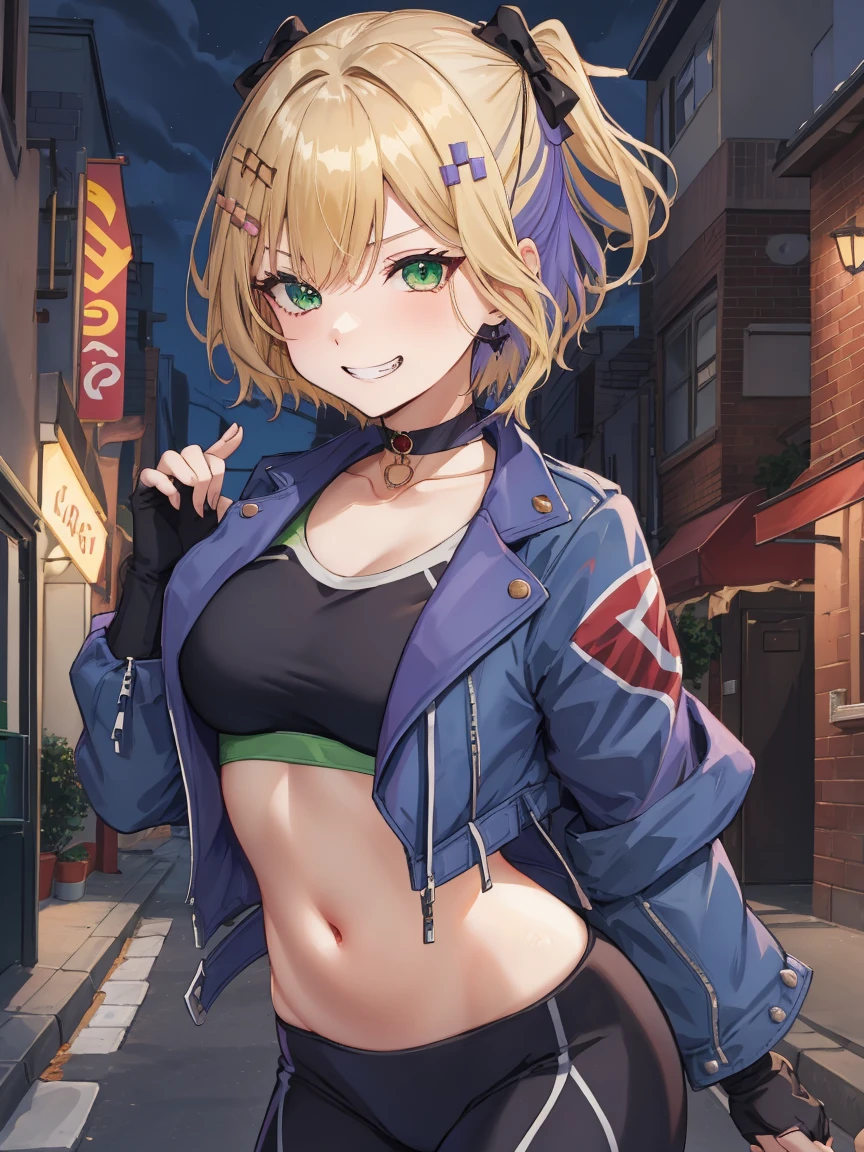 Portrait, official art, best masterpiece, best quality, best resolution, 8K, best detailed, perfect anatomy
break
Dynamic pose, fighting pose
break
1girl, solo, kurumi noah, hairclip, hair ornament, bow, jewelry, medium breasts, (Short stature:1.3), cute, Green Eyes
break
blonde hair, scar on cheek, black choker, collarbone, blue jacket, cropped jacket, open jacket, sports bra, midriff, fingerless gloves, black gloves, black pants
break
(lewd smile), grin
break
Back alley, downtown, (night, midnight, darkness:1.4), very fine and detailed 16KCG wallpapersrs