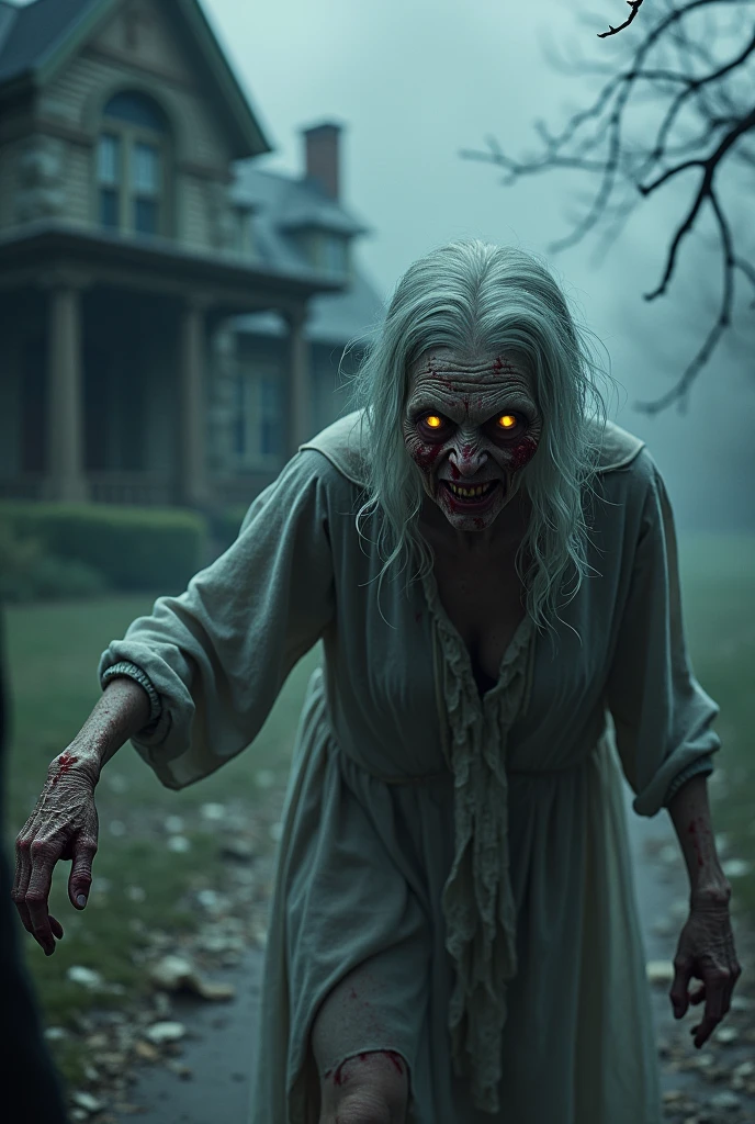 Old women ghost with blood on face attacking human on honted house outside with cool colour with horizontal