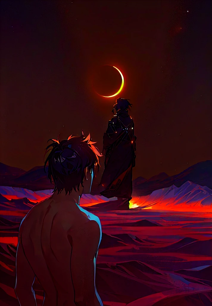 A man, with his back turned, contemplating a solar eclipse in a Martian desert. The night sky is dramatic, with bright stars and dark clouds that contrast with the intense yellow of the eclipse. The desert is a vibrant red, with low mountains and an undulating floor, creating an eerie landscape. The man, with a stylized anime design, shirtless. The entire scene exudes a solitary and contemplative atmosphere.