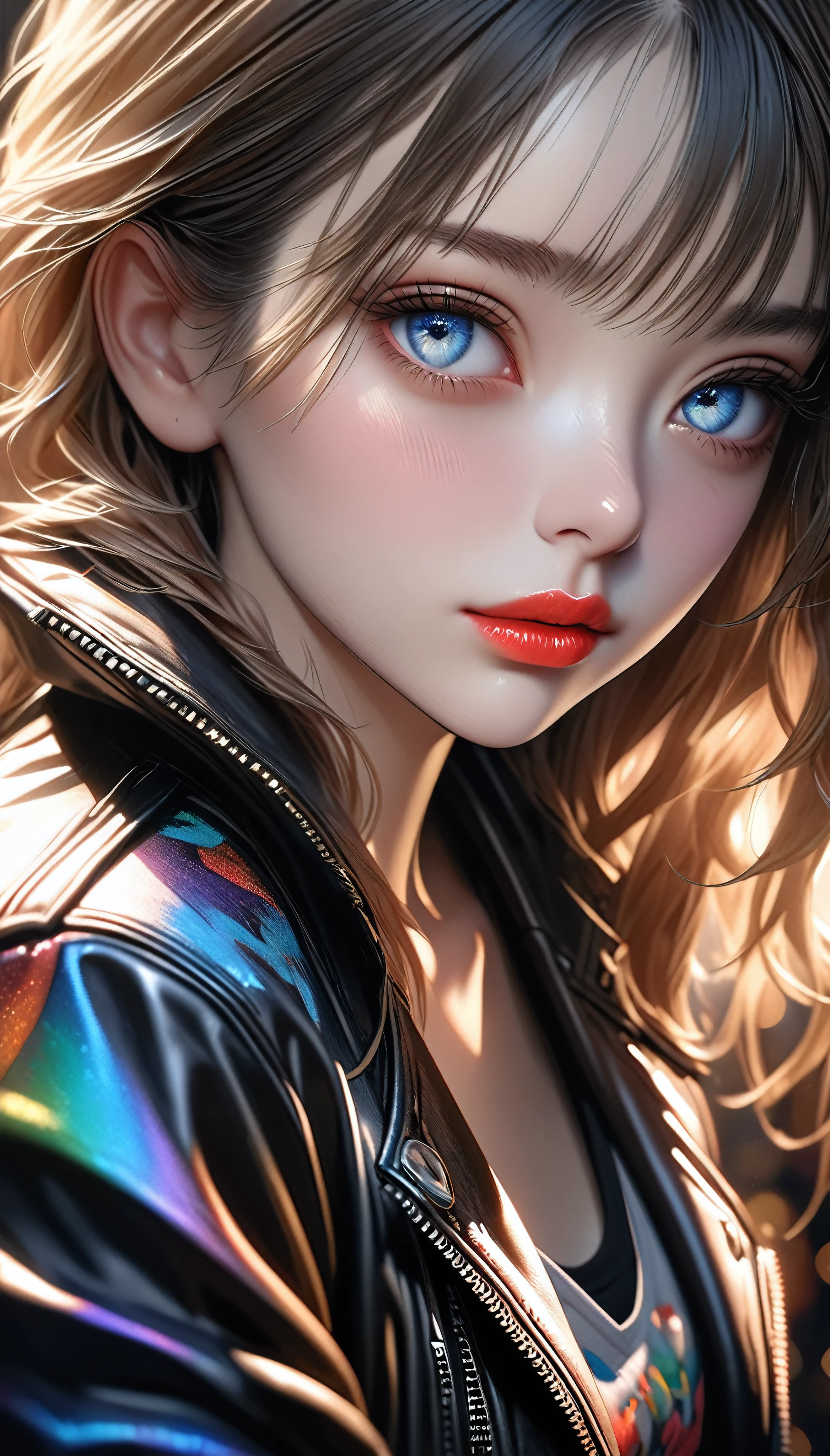 black leather jacket, cute, highly, depraved, hyper realism, beautiful detailed eyes, beautiful detailed lips, extremely detailed eyes and face, long eyelashes, realistic, photorealistic, photo-realistic:1.37, best quality,4k,8k,highres,masterpiece:1.2,ultra-detailed, HDR, UHD, studio lighting, ultra-fine painting, sharp focus, physically-based rendering, extreme detail description, professional, vivid colors, bokeh, dark, moody, dramatic lighting, cinematic