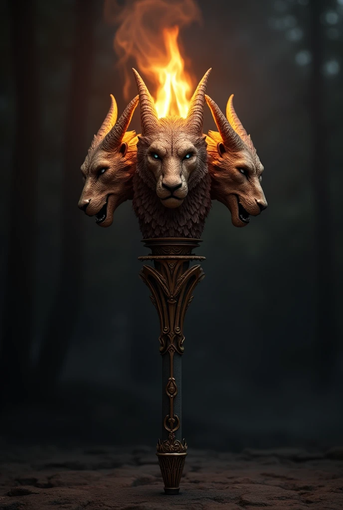 (photorealism:1.2), a torch, where instead of the flame there are the 3 heads of chimera, that does not have fire