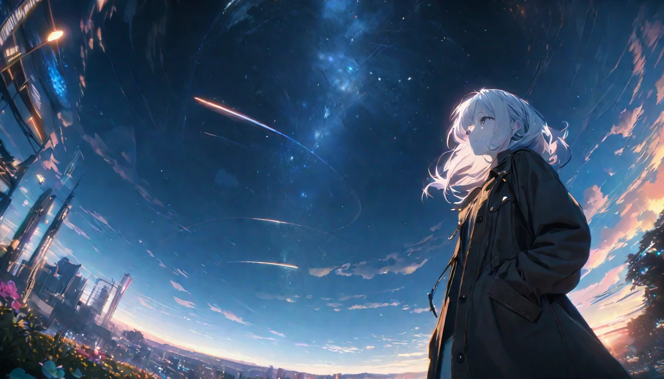 Angelic, detailed woman, Starry Sky, shooting star , horizon, In the sky, city , Lens flare, colorful,coat, Put your hands in your pockets,(student, 18-year-old, ＪＫ, Her short silver hair sways, Pale skin,) Looking up at the sky, Beautiful sky, The scenery is beautiful., 広いLooking up at the sky, Colorful summer flowers are blooming everywhere., I see the wind blowing and shining, In the skyは正午の月と正午の星がある,From below, break ,quality(8k,非常に精細なCGユニットのwallpaper, masterpiece,High resolution,top-quality,top-quality real texture skin,Surreal,Increase the resolution,RAW Photos,最高quality,Very detailed,wallpaper,Cinema Lighting,Ray Tracing,Golden Ratio),Have a long-term perspective