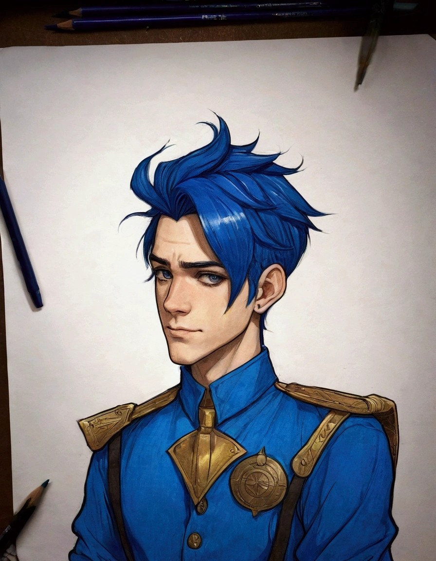 dessin d'a man with blue hair and a blue shirt, croquis en couleur, style anime 2D, Caleb from Critical Role, colored, high quality croquis en couleur, without shading, 2d hero fanart artsation, style d'cel shading, délicat prince androgyne, art 2d, art 2d