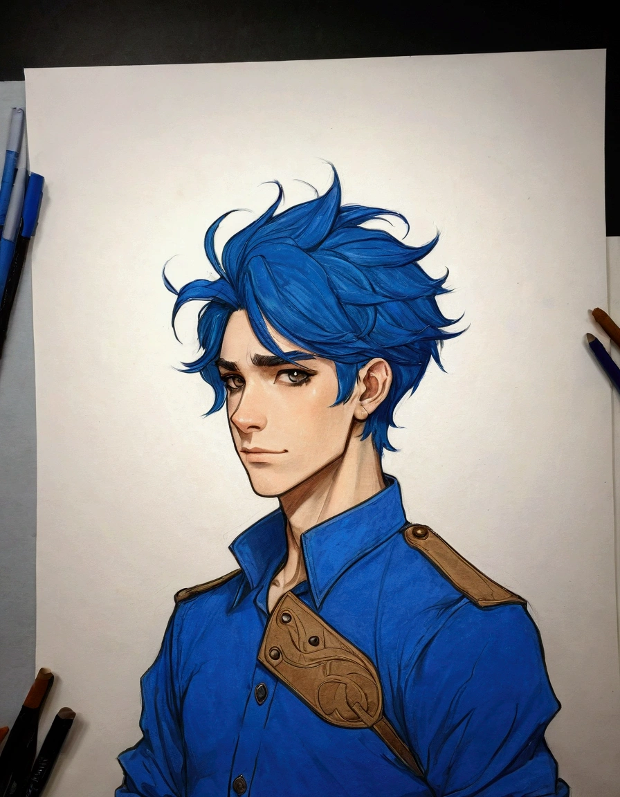 dessin d'a man with blue hair and a blue shirt, croquis en couleur, style anime 2D, Caleb from Critical Role, colored, high quality croquis en couleur, without shading, 2d hero fanart artsation, style d'cel shading, délicat prince androgyne, art 2d, art 2d