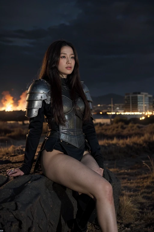 Female Knight, Long hair, Dark armor,Long legs,(masterpiece, best quality),Battlefield in the background, There is fire in the background, Night view
